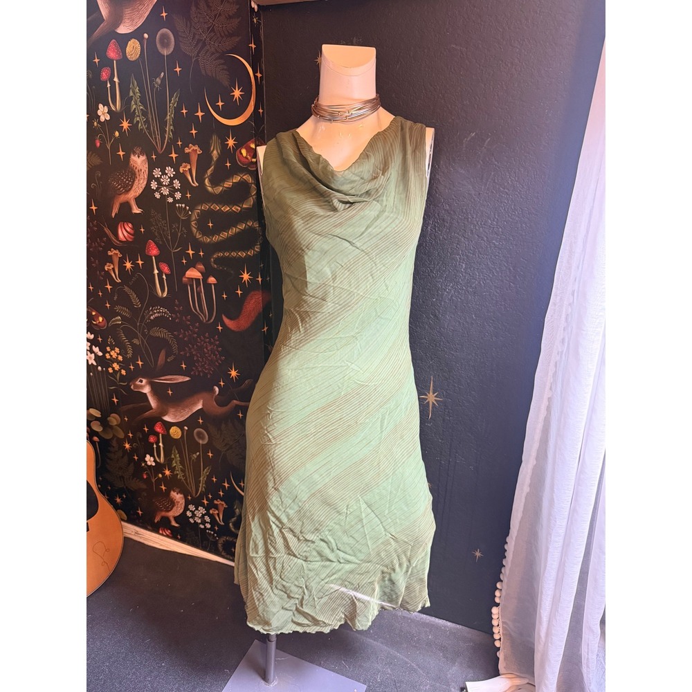 La Belle Sage Green Cowl Neck Midi Dress Sleeveless Striped Size 9 Lettuce Hem